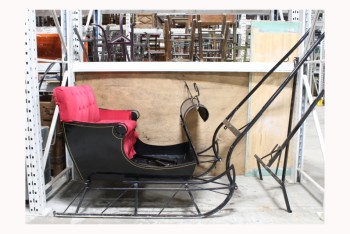 Sport, Sled, ANTIQUE CUTTER STYLE ROBERTS SLEIGH ON RAILS, SINGLE & DOUBLE TREES AVAILABLE FOR FRONT MOUNT: CAN BE PULLED BY PONY OR REINDEER, SANTA, CHRISTMAS, RED VELVET BUTTON TUFTED TWO-SEATER CUSHION CARRIAGE BENCH W/TACK TRIM, APPROX. 4'H x 5'W x 4'D, METAL, BLACK