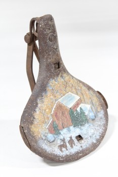 Wall Dec, Misc, ANTIQUE RUSTED BICYCLE SEAT, FOLK ART, HAND PAINTED LANSCAPE SCENE W/SNOW, BARN, ANIMALS & TREES, METAL, RUST
