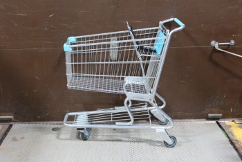 Cart, Shopping, STORE, BLUE BUMPERS, HAND GRIP & FOLD DOWN CHILD SEAT, GENERIC, UNBRANDED, MULTIPLES NEST IN A ROW, CHROME, SILVER