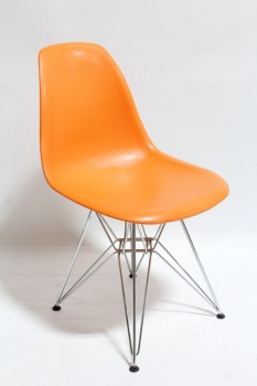 Chair, Side, MODERN STYLE, CURVED MOLDED SEAT, "EIFFEL" STYLE METAL ROD LEGS, NO ARMS, PLASTIC, ORANGE