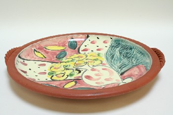 Bowl, Decorative, W/SIDE HANDLES,NON-GLAZED BOTTOM,PAINTED VASE/FLOWERS, POTTERY, MULTI-COLORED