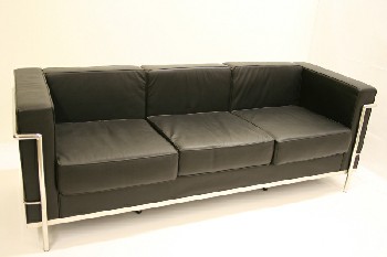 Sofa, Three Seat, MODERN REPRODUCTION, CHROME TUBULAR FRAME, IN THE STYLE OF LE CORBUSIER GRAND CONFORT, LEATHER, BLACK