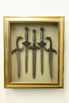 Wall Dec, Shadow Box, CLEARABLE, COLLECTION OF 5 ORNATE SILVER KNIVES, WOOD, GOLD