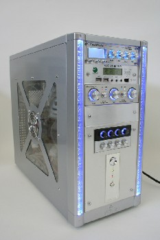 Computer, Tower, GREY PANELS W/CLEAR BUBBLED COLUMNS, LIGHTS UP (BLUE), METAL, GREY