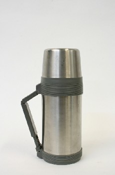 Drinkware, Thermos, PLAIN W/CUP LID & GREY PLASTIC HANDLE & BANDS , STAINLESS STEEL, GREY