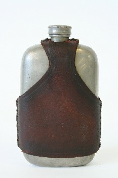 Drinkware, Flask, PLAIN W/SCREW ON LID,LEATHER WRAP W/STITCHED SIDES , METAL, SILVER