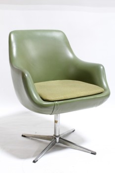 Chair, Side, MID-CENTURY, MODERN STYLE W/ARMS, CURVED SEAT BACK, CHROME "X" BASE, SWIVELS, GREEN TWEED CUSHION, VINYL, GREEN