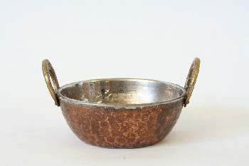 Cookware, Wok, WOK,SMALL W/2 BRASS SIDE HANDLES,REFLECTIVE INSIDE, PUNCHED TEXTURE, AGED , METAL, BRONZE