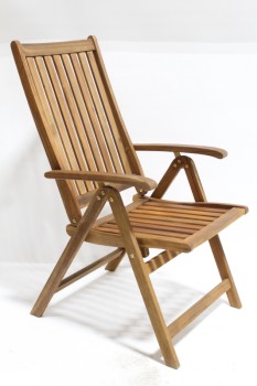 Chair, Misc, OUTDOOR / PATIO / LAWN LOUNGER W/ARMS, ADJUSTABLE, SLATS, FOLDING, WOOD, BROWN