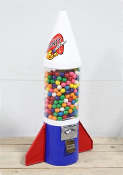 Vending, Misc, SPACE ROCKET SHAPED CANDY / GUMBALL DISPENSER, SNACK VENDER, 25c COIN SLOT W/TURN HANDLE, METAL, WHITE