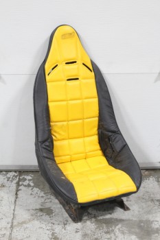 Chair, Misc, SINGLE VEHICLE / RACE CAR / HOTROD SEAT, NO ARMS, YELLOW & BLACK SEAT COVER W/5 POINT HARNESS DESIGN, GARAGE, METAL, YELLOW