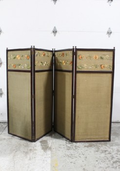 Screen, Misc, ANTIQUE, OLD STYLE / EARLY, 4 HINGED PANELS (EACH 58x22.75"), BROWN WOOD FRAME W/BALL TOPS, EMBROIDERED FABRIC FLOWERS ON BROWN LINEN, **FRAGILE**, WOOD, BROWN