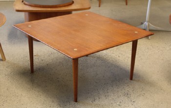 Table, Coffee Table, DANISH MODERN, MID CENTURY, TEAK, BY TORBEN STRANGAARD, SQUARE TOP W/BRASS INLAY CIRCLES IN CORNERS, WOOD, BROWN