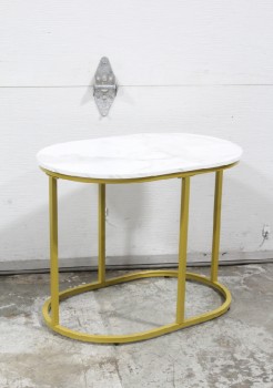 OVAL FAUX WHITE MARBLE TOP, GOLD COLOURED FRAME W/OVAL BASE, Furniture