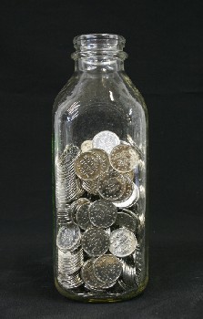 Decorative, Bottle, BOTTLE SHAPED,2/3 FILLED W/SILVER TOKENS, GLASS, CLEAR