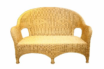 Bench, Misc, LOVESEAT, ROUNDED BACK W/DIAMOND PATTERN & ARM RESTS, 5 LEGS, ARCHED LOWER FRAME, BROWN CUSHION, WICKER, BROWN