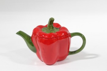 Housewares, Teapot, SHAPED LIKE A RED PEPPER, W/LID, GREEN SPOUT & HANDLE , CERAMIC, RED