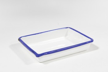 Photography, Equipment, VINTAGE RECTANGULAR PHOTO DEVELOPING TRAY, ROUNDED, BLUE TRIM, SMALL SPOUT, ENAMELWARE, WHITE