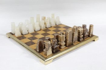 Game, Chess, VINTAGE WOOD CHESS BOARD W/DARK & LIGHT BROWN SQUARES & BRASS TRIM, INCLUDES FULL SET OF 32 AZTEC CARVED PIECES (x16 WHITE, x16 BROWN), (KINGS ARE 3.5