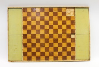 Game, Chess, CHESS/CHECKERS, HOMEMADE, ANTIQUE FOLK ART LOOK, WALLMOUNT ALSO, SQUARES MISSING, WOOD, BROWN