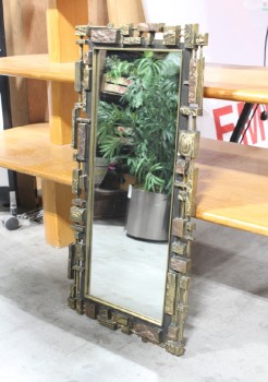 Mirror, Decorative, RECTANGULAR MIRROR CENTRE, INJECTION MOLDED MOSIAC W/METALLIC FINISH, BRUTALIST / MODERNIST STYLE SHAPES & FORMS AT STAGGERED HEIGHTS, 1970s, RESIN, BRASS