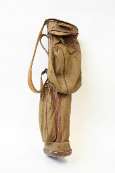 Sport, Golf, VINTAGE GOLF BAG, LEATHER TRIM, 2 POUCHES & STRAP, USED, CANVAS, BROWN
