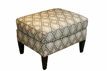 Ottoman, Rectangular, RECTANGULAR, PIPED CUSHION TOP, BLUE & BROWN DIAMOND PATTERN, EXPOSED BROWN WOOD LEGS, FOOT STOOL / REST, FABRIC, OFFWHITE