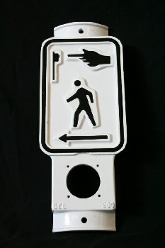 Street, Crosswalk, PLATE FOR POLE OVER CROSSWALK SIGNAL BUTTON, INDICATES PUSH BUTTON TO CROSS , PORCELAIN, WHITE