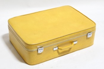 Luggage, Suitcase, VINTAGE, PLASTIC HANDLE, SILVER METAL BUCKLES, VINYL, YELLOW