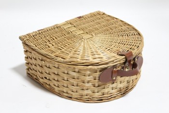 Basket, Picnic, SEMI-CIRCLE, CENTRE HANDLE, BROWN LEATHER & BRASS STRAPS & HANDLE, WICKER, BROWN