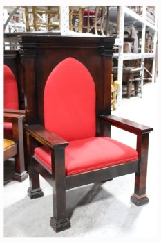 Chair, Armchair, THRONE, HEAVY, ECCLESIASTICAL, HIGH BACK W/ARCH SHAPED RED CUSHION PANEL, WIDE SEAT, CLERGY / PULPIT SEATING FROM A CHURCH, WOOD, BROWN
