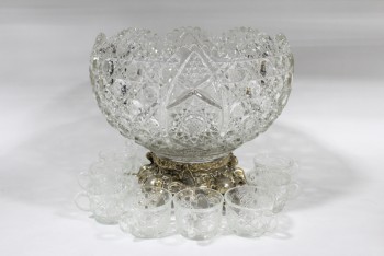 Drinkware, Misc, VINTAGE PUNCH BOWL W/CUT GLASS & ORNATE METAL STAND (2 PCS, JUST BOWL IS 8.5x12x12