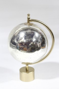 Globe, Tabletop, DECORATIVE, MIRRORED GLOBE W/MERCURY GLASS SPECKLED FINISH, GOLD COLOURED BASE & FRAME, METAL, SILVER