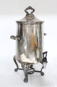 Appliance, Coffee , ANTIQUE COFFEE SERVER / PERCOLATOR / WATER BOILER URN W/LID, ORNATE HANDLES, CLAW FEET, "CECILWARE" SPIGOT, RING HOLDER FOR HEAT SOURCE, METAL, SILVER