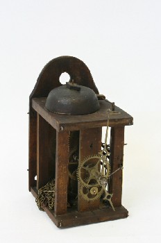 Clock, Parts, ANTIQUE CLOCKWORKS IN WOODEN CASE W/CHAINS & HANDS, WOOD, BROWN