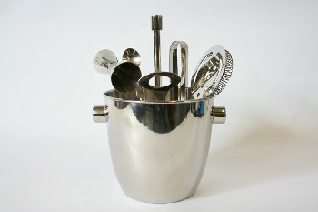 Bar, Tool, TAPERED CYLINDRICAL BUCKET W/5 PIECE BAR TOOL SET , METAL, SILVER