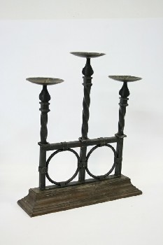 Candles, Candelabra, BROWN WOOD STEPPED RECTANGULAR BASE,TWISTED IRON STEMS, 3 ROUND HOLDERS, AGED, METAL, BLACK