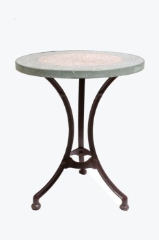 Table, Cafe, ROUND STONE TOP W/PEBBLED LOOK,METAL TRIM, 3 CURVED LEGS, IRON, BURGUNDY