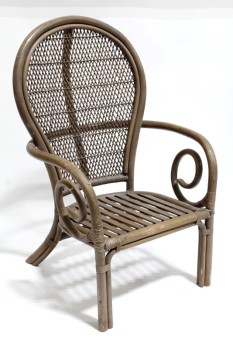 Chair, Rattan, ROUNDED BACK, WICKER MESH, CURLED ARMS, VINTAGE, WOOD, BROWN