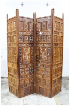Screen, Misc, TEAK, NEARLY 8' TALL ROOM DIVIDER, 4 HINGED PANELS, CARVED (FRONT ONLY, BACK UNFINISHED), WOOD, BROWN