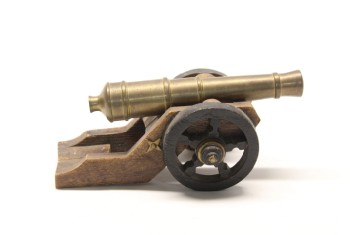 Decorative, Cannon, SMALL VINTAGE TOY / MODEL CANNON, BRASS GUN ON WOOD FRAME, 2 PCS, AGED, WOOD, BROWN