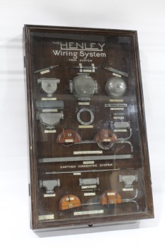 Wall Dec, Shadow Box, "HENLEY WIRING SYSTEM," "TWIN SYSTEM," ANTIQUE ADVERTISING SHOWCASE, DISPLAY CABINET, METAL PARTS INCLUDING JOINT BOXES, CLAMPS, FITTINGS, LOOPED SWITCH & LIGHT FEEDS, W. T. HENLEY'S TELEGRAPH WORKS CO. LONDON, CIRCA 1930s, WOOD, BROWN