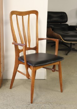 Chair, Side, MID CENTURY DANISH MODERN, OCCASIONAL OR ACCENT, ANGLED ARMS JOIN TO LOWER RAIL, INGRID MODEL BY NIELS KOEFOED FOR HORNSLET DENMARK, TEAK OR SIMILAR, BLACK VINYL CUSHION, WOOD, BROWN