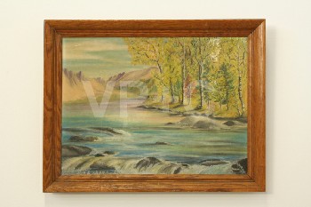 Art, Painting, CLEARABLE, LANDSCAPE, RIVER & TREES, BROWN WOOD FRAME, WOOD, MULTI-COLORED