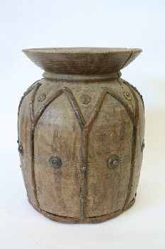 Vase, Wood, STUDDED,FLARED RIM,OLD LOOK,POINTED STUDDED TRIM OF METAL BANDS , WOOD, BROWN