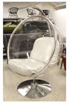 Chair, Misc, MODERN BUBBLE/WOMB CHAIR,TRANSPARENT 1/2" THICK ACRYLIC SHELL W/38" DIAMETER OPENING, STAINLESS FRAME STAND, 2 SILVER CUSHIONS, (JUST CHAIR: 47x40x35.5"), PLEXIGLASS, CLEAR