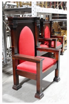 Chair, Armchair, THRONE, HEAVY, HIGH BACK W/ARCH SHAPED RED CUSHION PANEL, WIDE SEAT, CLERGY / PULPIT SEATING FROM A CHURCH, WOOD, BROWN