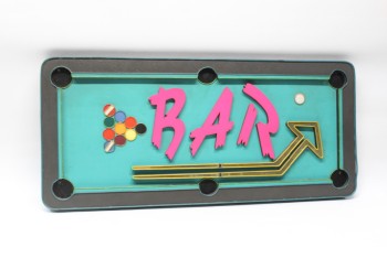 Sign, Misc, "BAR" W/ARROW, POOL / BILLIARDS TABLE, BLACKLIGHT ACTIVATED, 1980s, WOOD, MULTI-COLORED