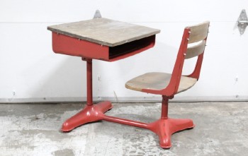 Desk, Student, VINTAGE STYLE REPRODUCTION, SCHOOL / STUDENT DESK W/WOOD TOP & CONNECTED SEAT, RED METAL FRAME, AGED, METAL, RED