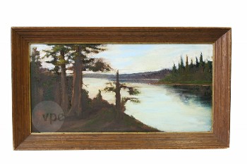 Art, Painting, CLEARED, LANDSCAPE W/TREES & WATER, LAKE W/TREES, BROWN WOOD FRAME, AGED, WOOD, MULTI-COLORED